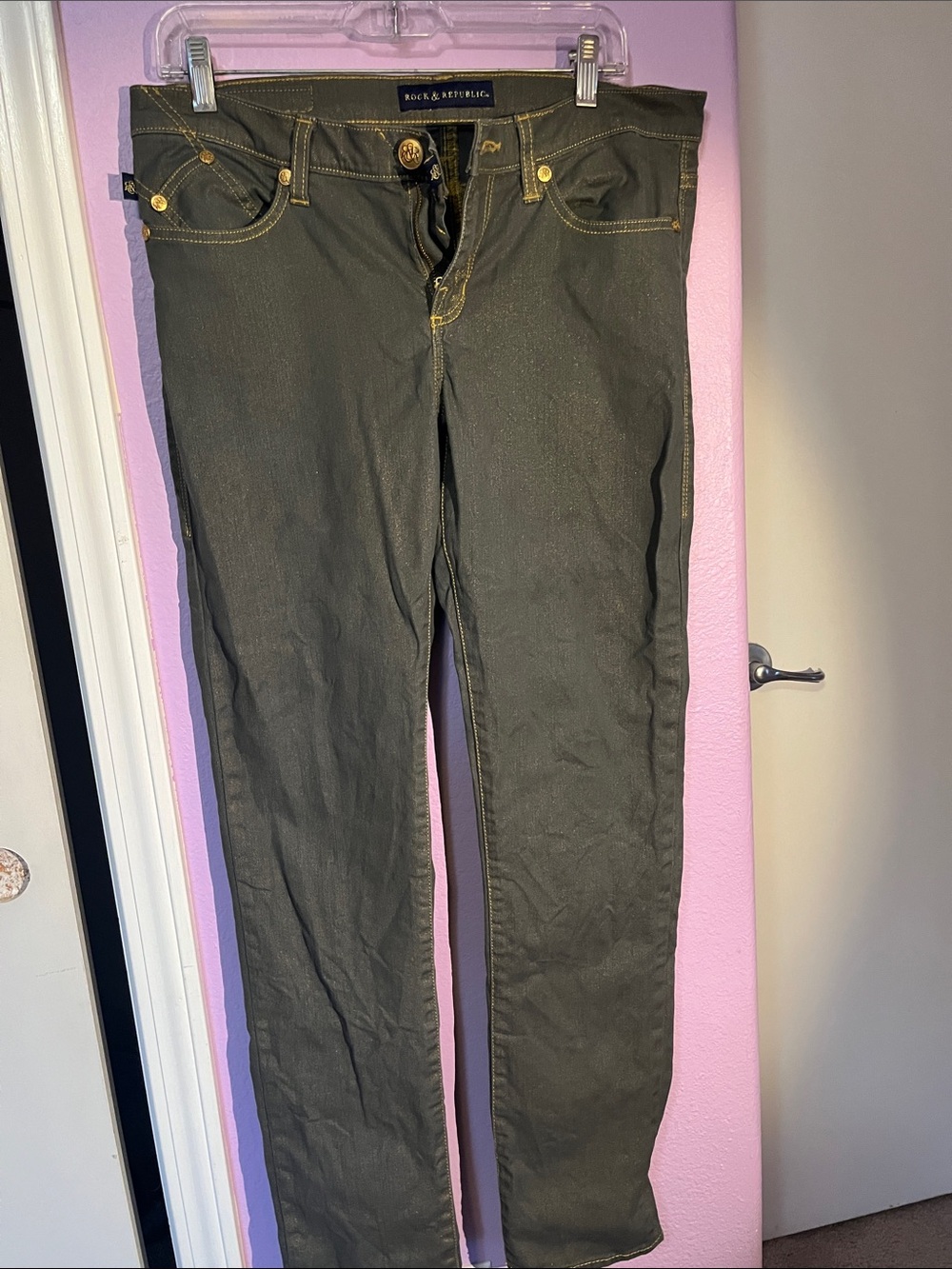 Rock & Republic Berlín Olive gray  Skinny Jeans with Gold Hardware